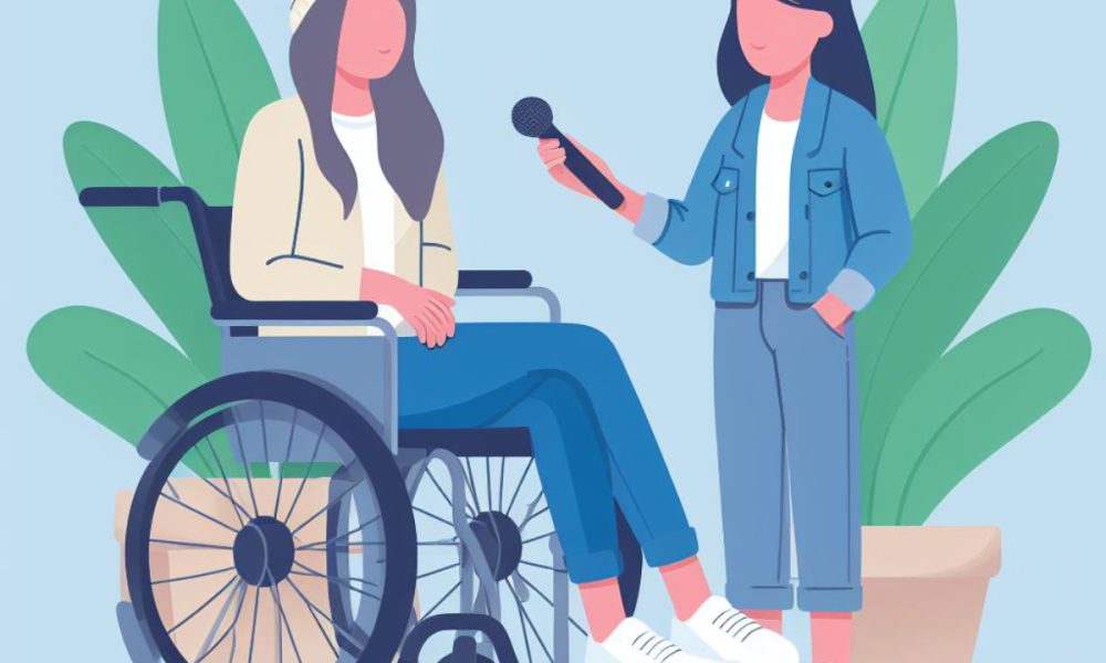 Ovo je ilustracija dvije osobe, jedne u invalidskim kolicima i druge stojeće, na plavoj pozadini s zelenim biljkama. Osoba u invalidskim kolicima nosi bijeli šešir i bijelu haljinu. Osoba koja stoji nosi plavu jaknu i bijele hlače. Osoba koja stoji drži mikrofon i čini se da intervjuira osobu u invalidskim kolicima.