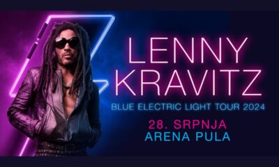 Ovo je promotivna slika za koncert Lennyja Kravitza. Pozadina je tamnoljubičasta s neon plavim obrubom trokuta. Tekst glasi “Lenny Kravitz Blue Electric Light Tour 2024”. Datum koncerta je “28. srpnja” a lokacija je “Arena Pula”.