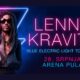 Ovo je promotivna slika za koncert Lennyja Kravitza. Pozadina je tamnoljubičasta s neon plavim obrubom trokuta. Tekst glasi “Lenny Kravitz Blue Electric Light Tour 2024”. Datum koncerta je “28. srpnja” a lokacija je “Arena Pula”.