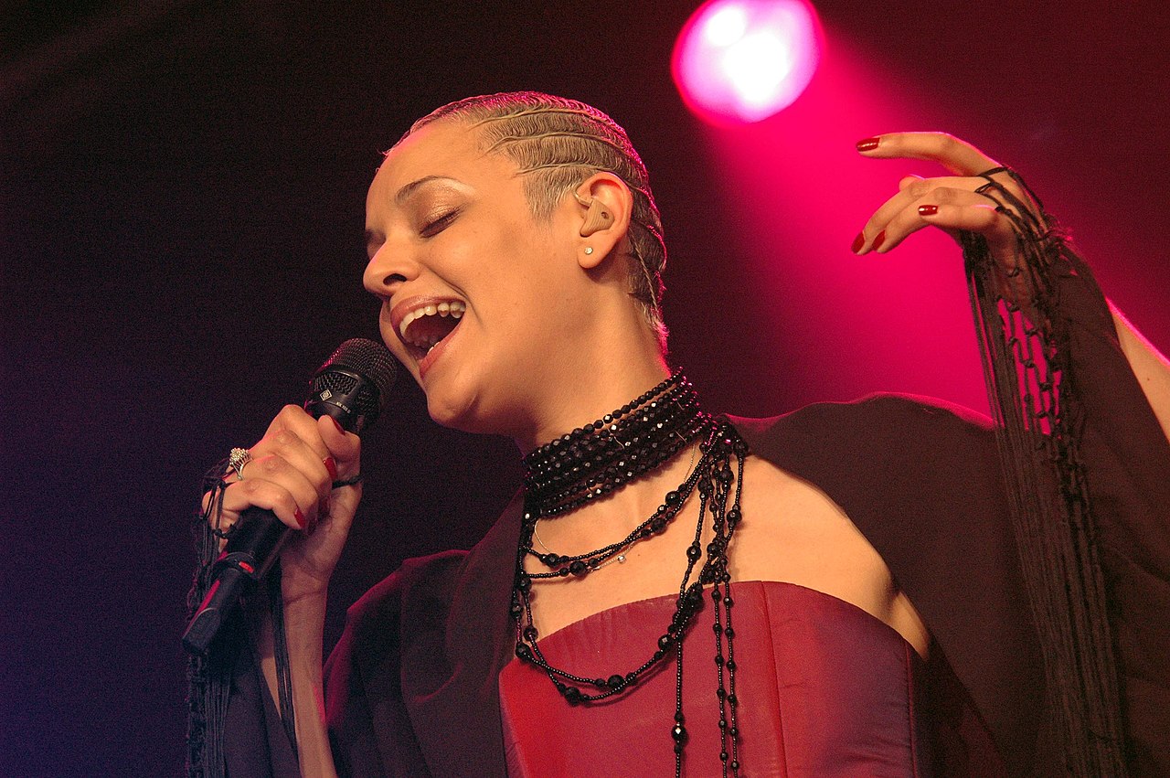 Ova slika prikazuje pjevačicu na pozornici. Pjevačica nosi crvenu haljinu s crnim ogrlicama od perli. Drži mikrofon i ima podignutu ruku. Pozadina je pozornica s crvenim i ružičastim osvjetljenjem.