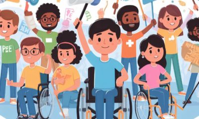 Ova slika prikazuje skupinu raznolikih ljudi s različitim invaliditetima. Skupina je prikazana u slavljeničkom raspoloženju, neki drže natpise.