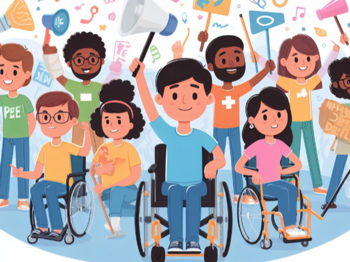 Ova slika prikazuje skupinu raznolikih ljudi s različitim invaliditetima. Skupina je prikazana u slavljeničkom raspoloženju, neki drže natpise.