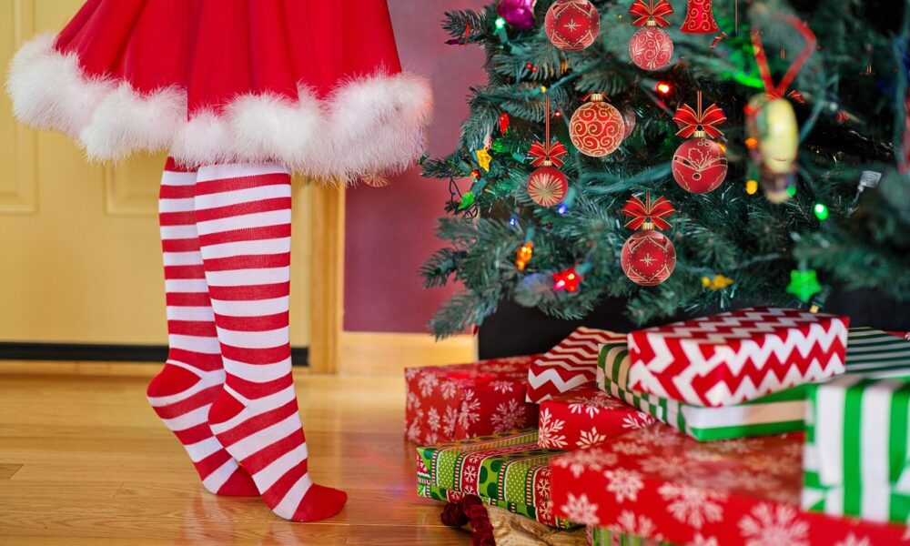 Na slici se vidi osoba odjevena u crvenu suknju sa bijelim rubom, te čarape s crveno-bijelim prugama, koja stoji pored božićnog drvca. Drvo je ukrašeno raznobojnim kuglicama i svjetlima. Ispod drvca su postavljeni pokloni u šarenim omotima.