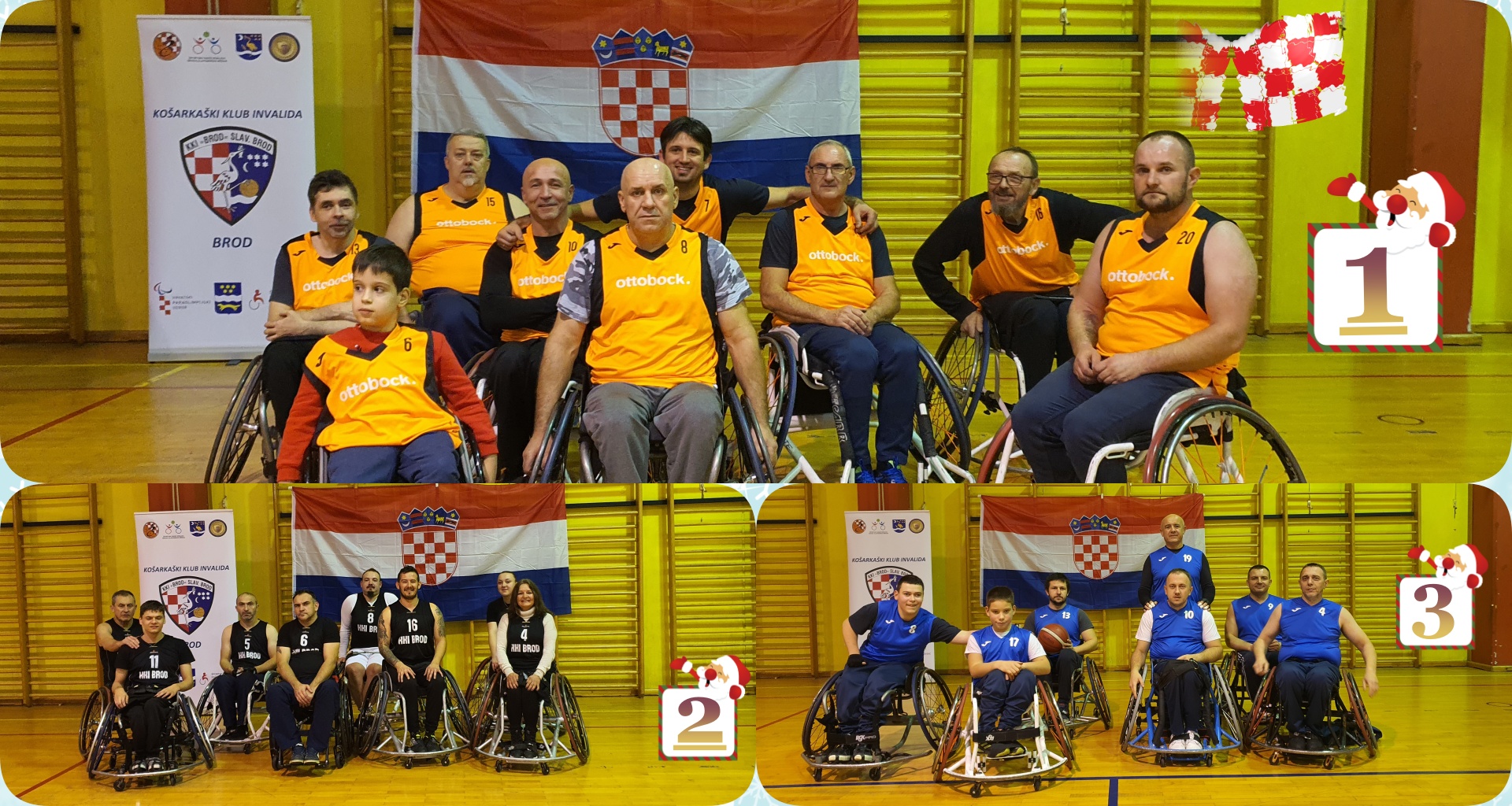 Ova slika prikazuje tri tima igrača u invalidskim kolicima koji su sudjelovali u sportskom događaju. Timovi su fotografirani na drvenom podu, a pozadina sadrži zidove i oznake događaja.