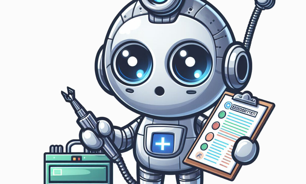 Slika prikazuje crtanog robota koji je namijenjen medicinskim svrhama. Robot ima okruglo tijelo i glavu, s velikim, izražajnim očima koje svijetle plavo. Drži ploču u jednoj ruci koja ima neki tekst i okvire za označavanje. U drugoj ruci drži alat povezan sa zelenom kutijom. Robot ima plavi križ na prsima.