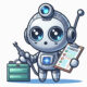 Slika prikazuje crtanog robota koji je namijenjen medicinskim svrhama. Robot ima okruglo tijelo i glavu, s velikim, izražajnim očima koje svijetle plavo. Drži ploču u jednoj ruci koja ima neki tekst i okvire za označavanje. U drugoj ruci drži alat povezan sa zelenom kutijom. Robot ima plavi križ na prsima.