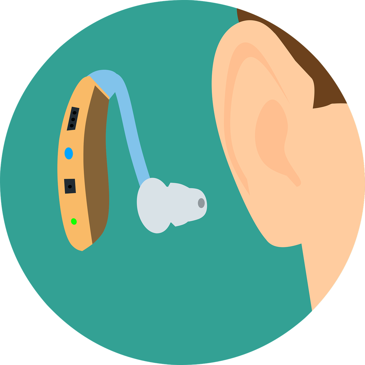 Ova slika prikazuje slušni aparat koji je postavljen blizu ljudskog uha. Slušni aparat je bež boje s plavom žicom koja se spaja s bijelim umetkom za uho.