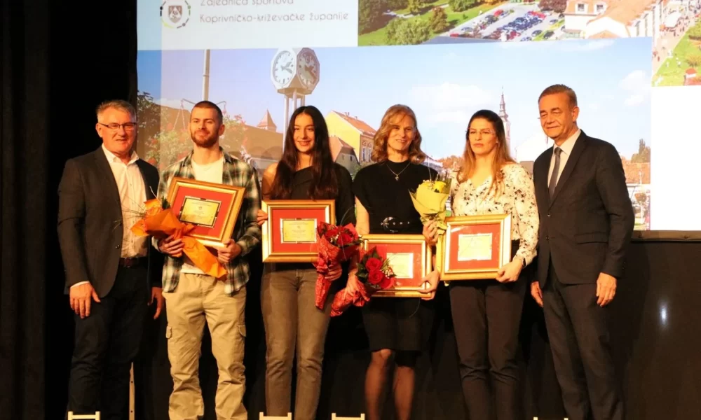 Na slici je grupa ljudi na pozornici koji primaju nagrade. Drže bukete cvijeća i certifikate . Pozadina prikazuje projekciju slike grada i logotipa