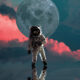 Slika astronauta s Mjesecom u pozadini.