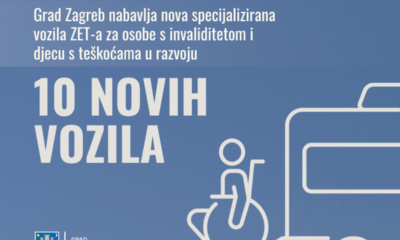 Ova slika prikazuje obavijest o tome da Grad Zagreb nabavlja 10 novih specijaliziranih vozila ZET-a za osobe s invaliditetom i djecu s teškoćama u razvoju. Na slici je plava pozadina, bijeli tekst i bijela ilustracija osobe u invalidskim kolicima pored autobusa. Grb grada Zagreba prikazan je na dnu obavijesti.