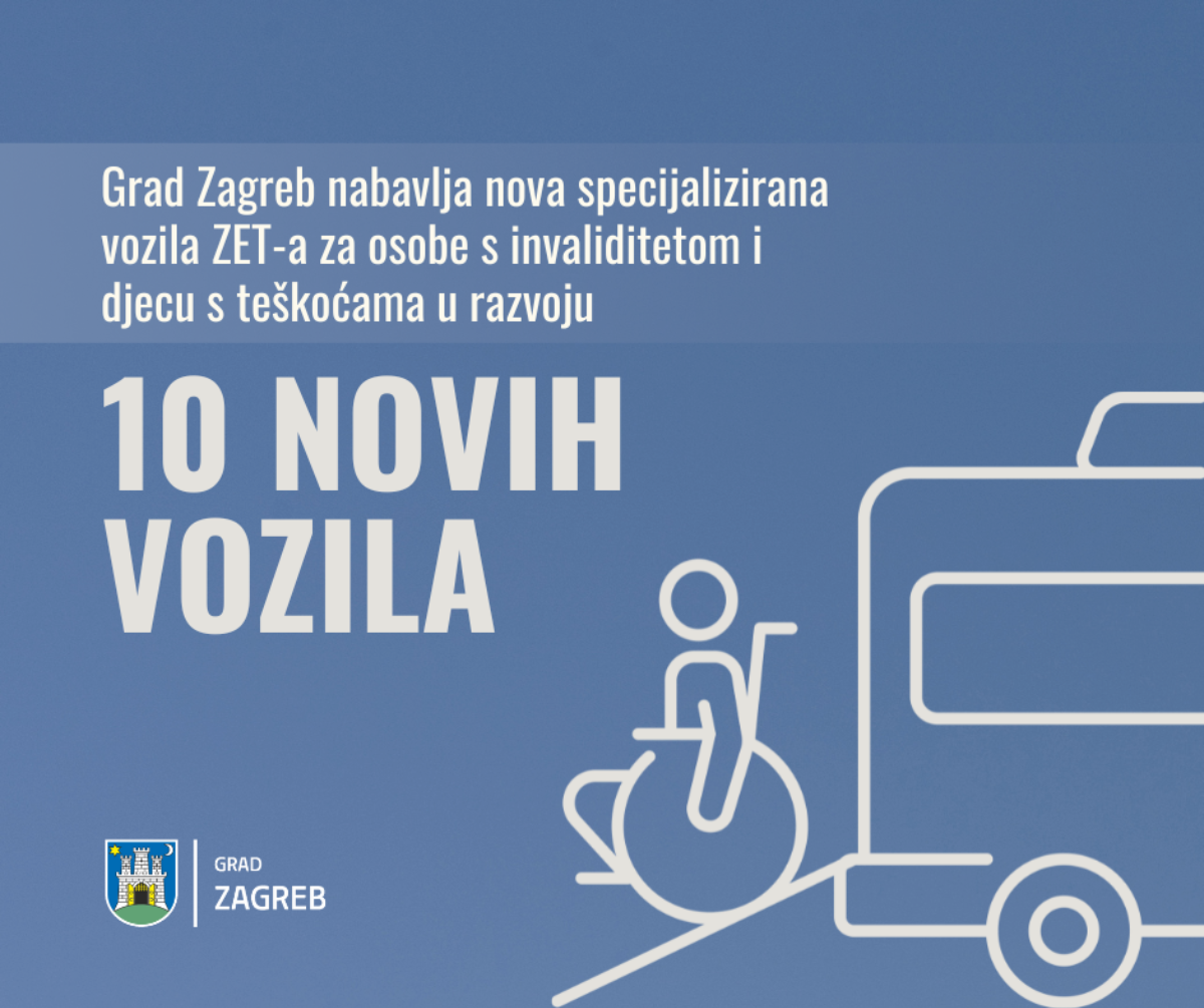 Ova slika prikazuje obavijest o tome da Grad Zagreb nabavlja 10 novih specijaliziranih vozila ZET-a za osobe s invaliditetom i djecu s teškoćama u razvoju. Na slici je plava pozadina, bijeli tekst i bijela ilustracija osobe u invalidskim kolicima pored autobusa. Grb grada Zagreba prikazan je na dnu obavijesti.