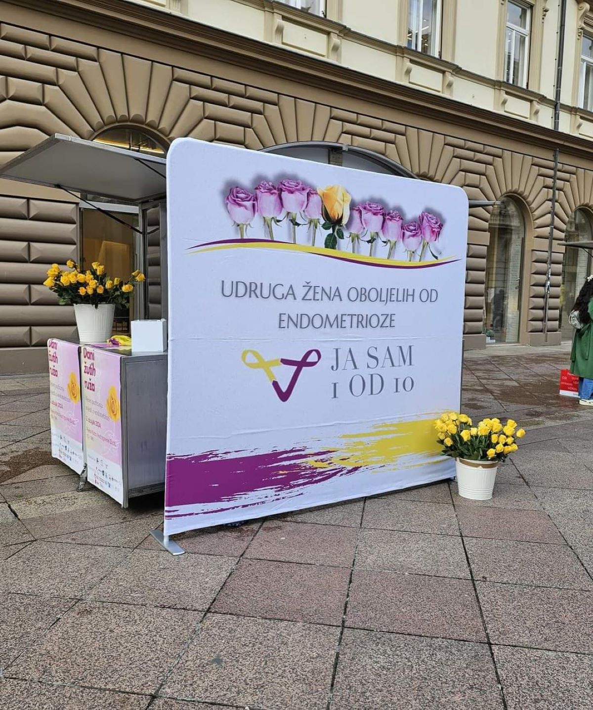 Fotografija prikazuje veliki plakat postavljen na pločniku ispred zgrade s prozorima sa zaobljenim vrhovima. Na plakatu je tekst na hrvatskom jeziku koji informira o udruzi žena oboljelih od endometrioze. Ispod teksta su prikazane ilustracije tulipana i simbol ženskog spola u boji, a dolje piše “JA SAM 1 OD 10”. Pored plakata su postavljene dvije posude s buketima žutih cvjetova.