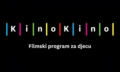 Ova slika prikazuje crnu pozadinu s bijelim tekstom i šarenim crtama koje formiraju riječi “KINO KINO” i ispod toga piše “Filmski program za djecu”.