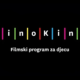 Ova slika prikazuje crnu pozadinu s bijelim tekstom i šarenim crtama koje formiraju riječi “KINO KINO” i ispod toga piše “Filmski program za djecu”.