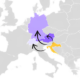 Ova stilizirana karta prikazuje određena područja i naznačuje kretanje ili povezanost. Centralno područje je nijansirano u ljubičastoj boji, što predstavlja specifičnu regiju ili zemlju.