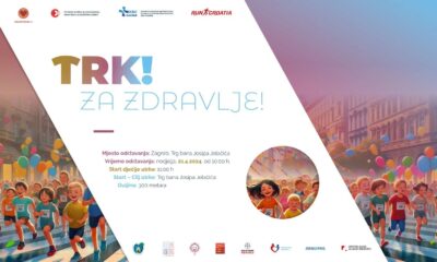 Plakat prikazuje događaj pod nazivom “TRK! ZA ZDRAVLJE!” koji će se održati u Zagrebu na Trgu bana Josipa Jelačića. Događaj je zakazan za nedjelju, 21.4.2024. u 10:00 sati, a dječja utrka počinje u 11:00 sati na istom mjestu. Utrka za djecu duga je 300 metara. Na plakatu su ilustrirane osobe koje trče, a u pozadini se vide zgrade i baloni. Logotipi sponzora su istaknuti na vrhu i dnu plakata. Plakat je šaren i veselog dizajna, što sugerira da je događaj namijenjen obiteljima i osobama svih dobnih skupina.