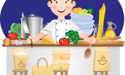 Ova stilizirana slika prikazuje kuhara okruženog raznim sastojcima i kuhinjskim alatima, prikazujući fazu pripreme u kulinarskom okruženju.