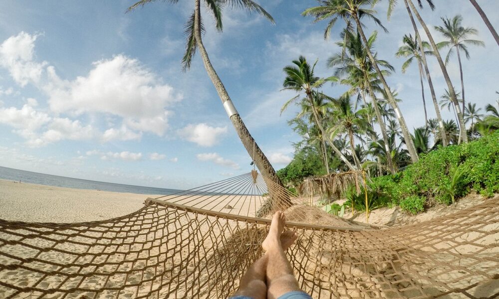 Osoba leži u visećoj mreži na pješčanoj plaži. Okružena je palmama, a u pozadini se vidi more i vedro nebo s pokojim oblakom. Osoba nosi plave kratke hlače, a noge su joj ispružene.