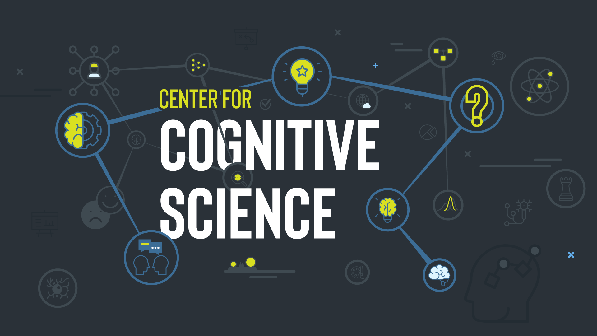 Na slici se nalazi tamna pozadina s različitim simbolima i ikonama koje predstavljaju različite aspekte kognitivne znanosti. U sredini slike nalazi se veliki bijeli tekst "Center for Cognitive Science" s riječju "CENTER FOR" u žutoj boji. Simboli uključuju ikone mozga, žarulje, upitnika, lica s govorom, grafikona i drugih znanstvenih ilustracija, koje su povezane linijama u mrežnoj strukturi. Ove ikone simboliziraju različite teme i istraživačke područja unutar kognitivne znanosti.