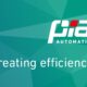 Prva slika prikazuje logotip PIA Automation na zelenoj pozadini s tekstom "creating efficiency." u donjem dijelu slike. Dizajn pozadine je sačinjen od geometrijskih oblika u različitim nijansama zelene boje.