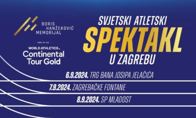 Plakat za Svjetski atletski spektakl u Zagrebu 2024. godine, koji uključuje datume i mjesta događanja: Trg bana Josipa Jelačića, Zagrebačke fontane i SP Mladost.