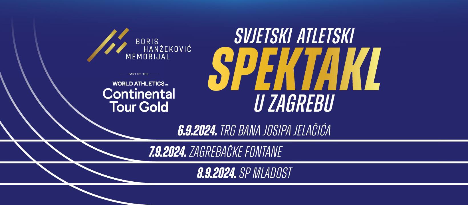 Plakat za Svjetski atletski spektakl u Zagrebu 2024. godine, koji uključuje datume i mjesta događanja: Trg bana Josipa Jelačića, Zagrebačke fontane i SP Mladost.