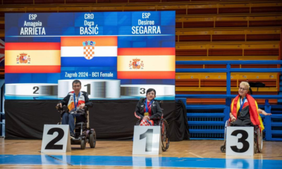 Na slici su tri osobe u invalidskim kolicima s medaljama oko vrata. Ispred svakog igrača je tabla s mjestom koje je osvojio, a na gornjem ekranu prikazana su imena ljudi koji su medalje osvojili. Osoba koja je osvojila zlatnu medalju ima na sebi hrvatsku zastavu. Uz nju su dvije Španjolke, a trćeplasirana ima španjolsku zastavu na sebi.