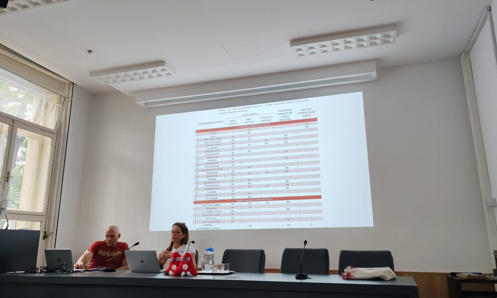 Unutar učionice ili konferencijske dvorane, muškarac i žena sjede za stolom s prijenosnim računalima ispred sebe. Iznad njih je veliki projektor koji prikazuje tablicu s podacima. Muškarac je obučen u crvenu majicu, dok žena nosi bijelu košulju i ispred nje se nalazi crvena maskota. Prostorija je svijetla, s velikim prozorima na lijevoj strani.