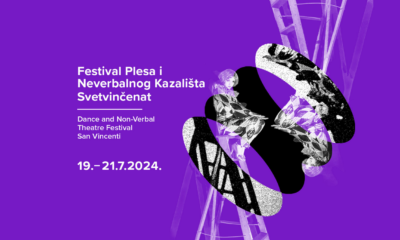 Ova slika je plakat za "Festival Plesa i Neverbalnog Kazališta Svetvinčenat" koji će se održati od 19. do 21. srpnja 2024. Plakat je ljubičaste boje s bijelim tekstom, sadrži apstraktne crno-bijele grafike i slike plesača.