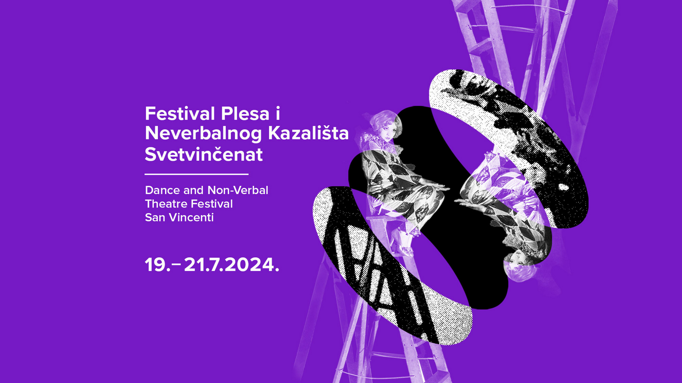 Ova slika je plakat za "Festival Plesa i Neverbalnog Kazališta Svetvinčenat" koji će se održati od 19. do 21. srpnja 2024. Plakat je ljubičaste boje s bijelim tekstom, sadrži apstraktne crno-bijele grafike i slike plesača.