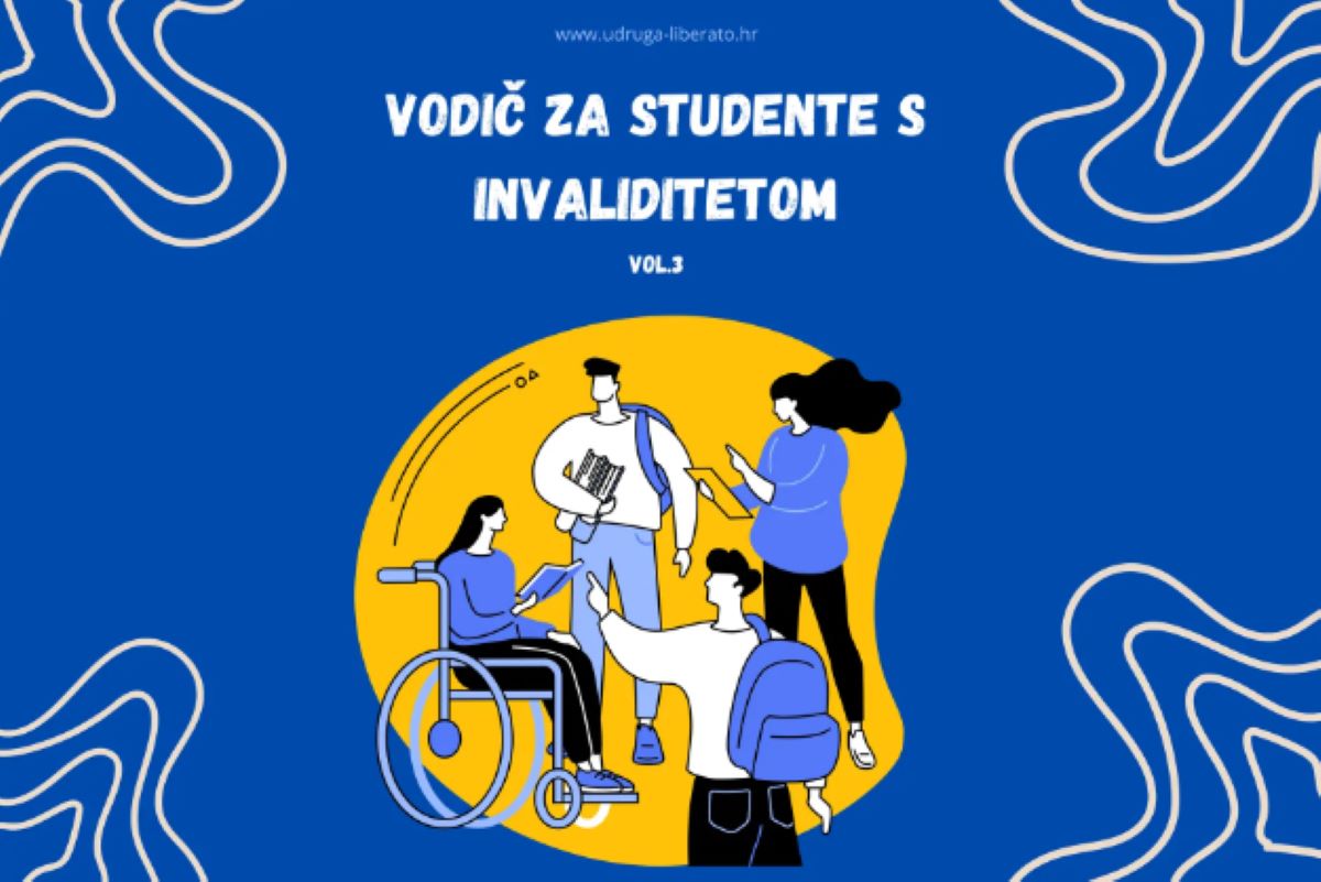 Na fotografiji je prikazana naslovnica s tekstom “VODIČ ZA STUDENTE S INVALIDITETOM VOL.3” na plavoj pozadini sa žutim linijama koje stvaraju apstraktan uzorak. U središtu je ilustracija četiri osobe; jedna osoba u kolicima, jedna s bijelim štapom, jedna koja drži knjige i jedna koja stoji sa rukama na bokovima. Svi su okrenuti prema gledatelju, a ilustracija ima stilizirani izgled s ograničenom paletom boja - plavom, žutom i bijelom.