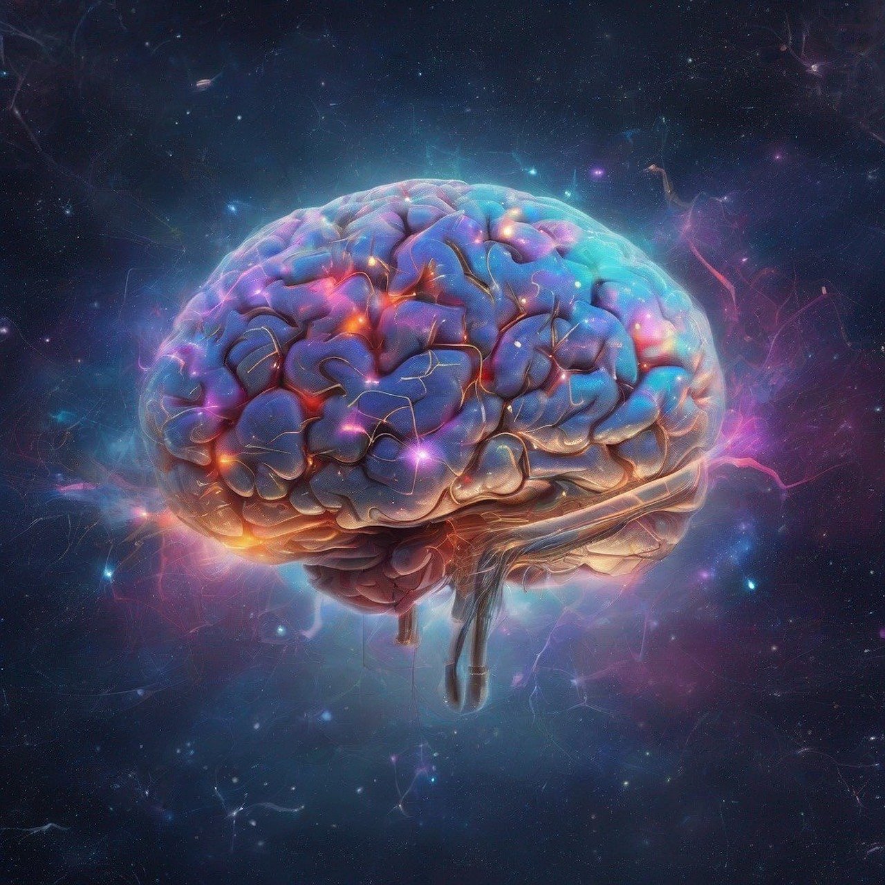 Na fotografiji je prikazan ljudski mozak koji svijetli u raznim bojama poput plave, ljubičaste i ružičaste na pozadini koja podsjeća na svemirsku maglicu. Ova slika može biti zanimljiva jer kombinira ljudski mozak, simbol misli i inteligencije, s kozmičkim elementom, sugerirajući beskrajne mogućnosti ljudskog uma ili njegovu povezanost s univerzumom.