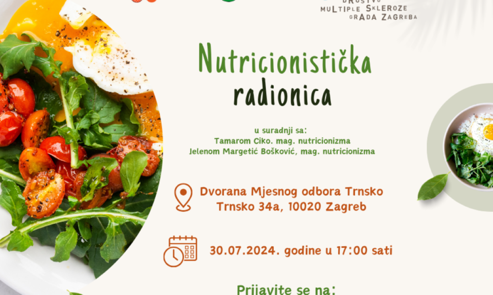 Na fotografiji je plakat koji najavljuje “Nutricionističku radionicu” u suradnji s Tamarom Ciko i Jelenom Bajić Bošnjak, obje magistre nutricionizma.