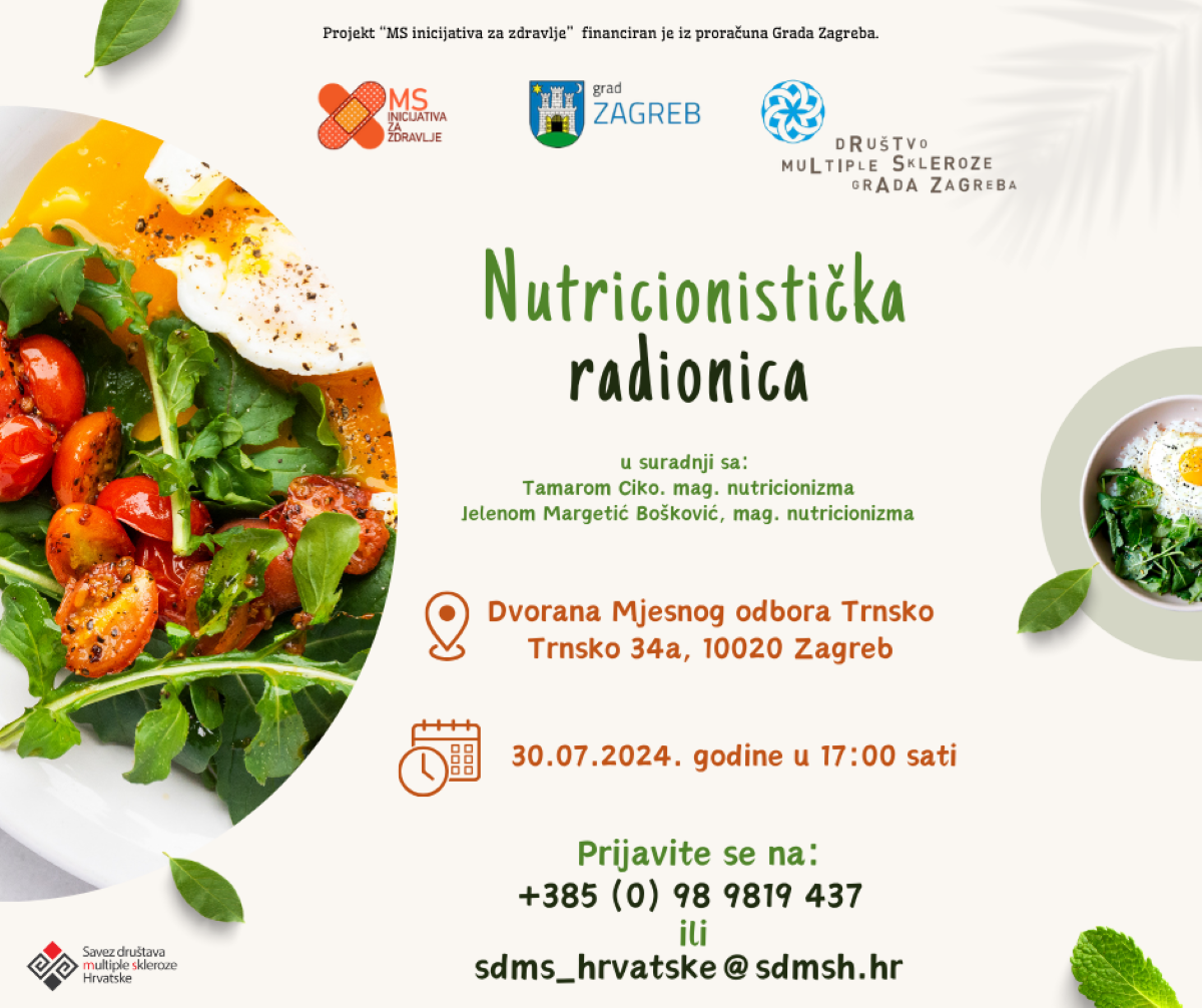 Na fotografiji je plakat koji najavljuje “Nutricionističku radionicu” u suradnji s Tamarom Ciko i Jelenom Bajić Bošnjak, obje magistre nutricionizma.