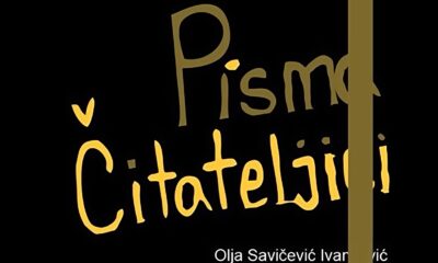 Na slici je naslovnica knjige "Pisma čitateljici" autorice Olje Savičević Ivančević. Pozadina je crna, a naslov je napisan velikim, žutim rukopisnim fontom. Ime autorice je napisano bijelim slovima u donjem desnom kutu. Dizajn naslovnice je jednostavan i uočljiv, s fokusom na naslov knjige.