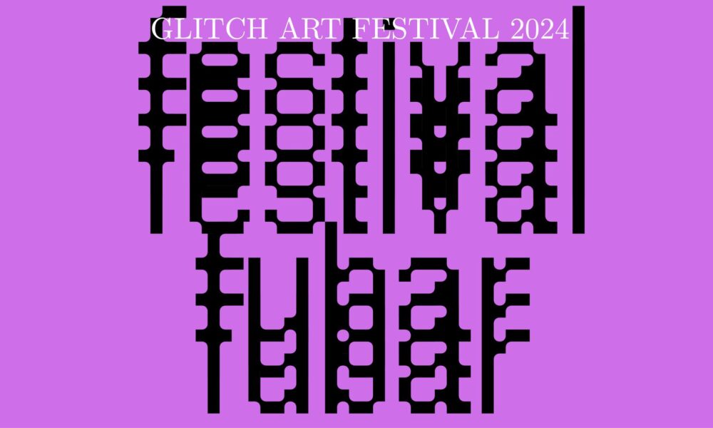 Plakat s ljubičastom pozadinom i crnim apstraktnim oblicima. Na vrhu plakata piše "Glitch Art Festival 2024". Dizajn je moderan i grafički upečatljiv, s fokusom na teksturu i geometrijske oblike.