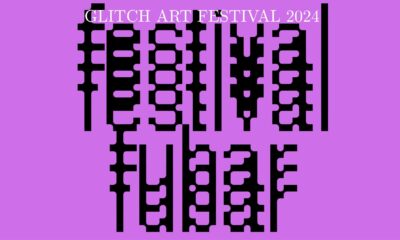 Plakat s ljubičastom pozadinom i crnim apstraktnim oblicima. Na vrhu plakata piše "Glitch Art Festival 2024". Dizajn je moderan i grafički upečatljiv, s fokusom na teksturu i geometrijske oblike.