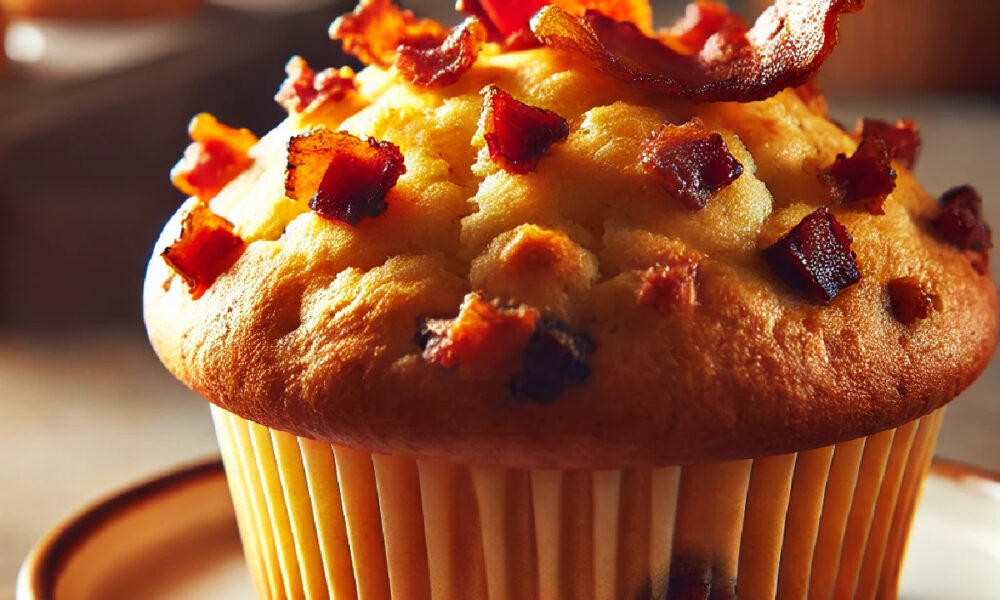 Slika prikazuje svježe ispečen slani muffin s hrskavim komadićima slanine na vrhu. Muffin ima zlatno-smeđu koricu, s vidljivim komadićima slanine unutar tijesta. Smješten je na bijelom tanjuru, a mekano osvjetljenje stvara topao i primamljiv ugođaj.