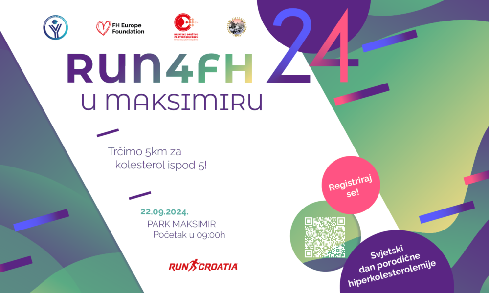 Plakat promovira događaj "Run4FH 24 u Maksimiru", utrku koja se održava 22. rujna 2024. godine u parku Maksimir. Utrka je organizirana s ciljem podizanja svijesti o obiteljskom hiperholesterolemiji, pod sloganom "Trčimo 5 km za kolesterol ispod 5!". Na plakatu su logotipi organizatora i partnera, poput FH Europe Foundation i Hrvatskog društva za aterosklerozu. U donjem desnom kutu nalazi se QR kod za registraciju, uz tekst "Registriraj se!". Plakat koristi moderne, raznobojne geometrijske oblike i gradientne boje kako bi privukao pažnju.