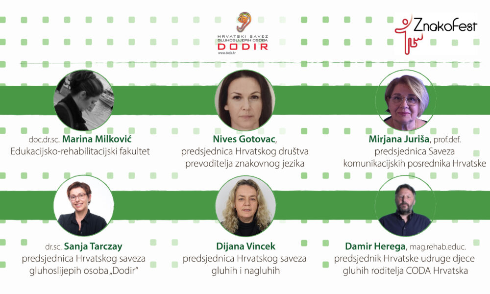 Grafički prikaz panelista događaja Znakofest. Na slici su fotografije i imena panelista, uključujući doc.dr.sc. Marinu Milković, Nives Gotovac, Mirjanu Jurišu, dr.sc. Sanju Tarczay, Dijanu Vincek i Damira Heregu. Pozadina je bijelo-zelena s logotipima Hrvatskog saveza gluhoslijepih osoba Dodir i Znakofesta.