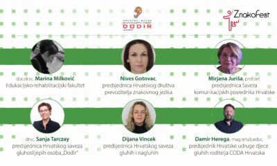 Grafički prikaz panelista događaja Znakofest. Na slici su fotografije i imena panelista, uključujući doc.dr.sc. Marinu Milković, Nives Gotovac, Mirjanu Jurišu, dr.sc. Sanju Tarczay, Dijanu Vincek i Damira Heregu. Pozadina je bijelo-zelena s logotipima Hrvatskog saveza gluhoslijepih osoba Dodir i Znakofesta.