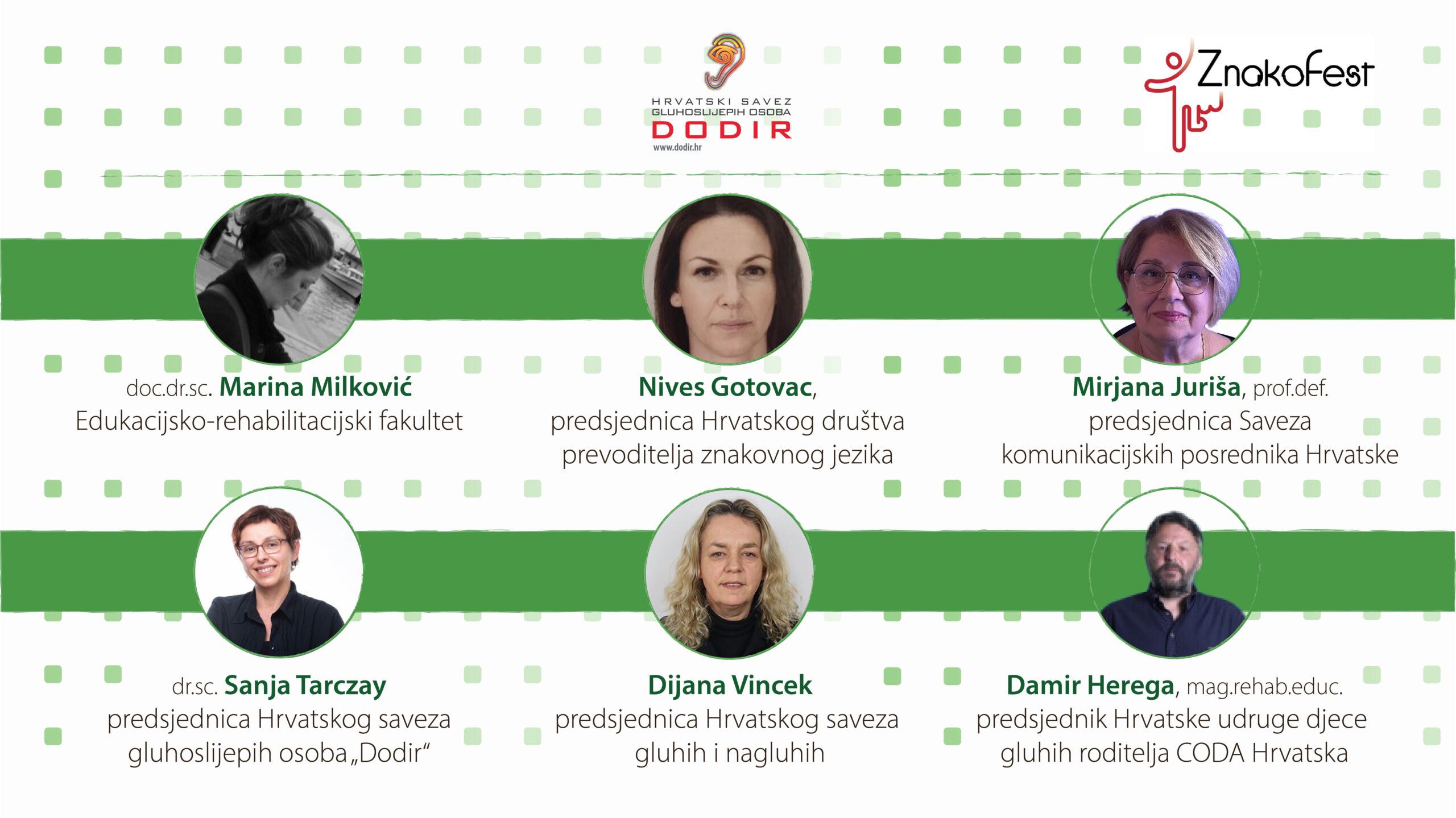 Grafički prikaz panelista događaja Znakofest. Na slici su fotografije i imena panelista, uključujući doc.dr.sc. Marinu Milković, Nives Gotovac, Mirjanu Jurišu, dr.sc. Sanju Tarczay, Dijanu Vincek i Damira Heregu. Pozadina je bijelo-zelena s logotipima Hrvatskog saveza gluhoslijepih osoba Dodir i Znakofesta.