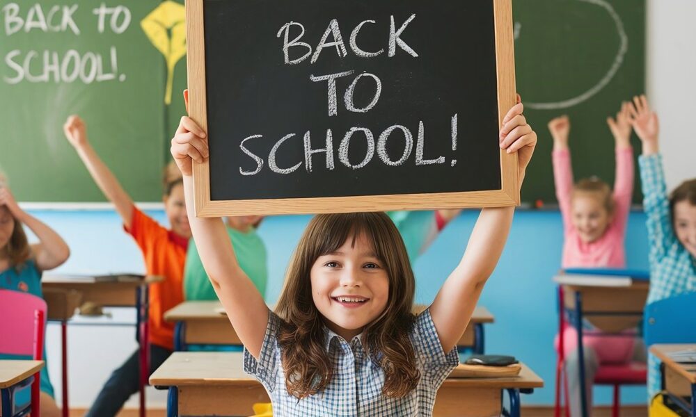 Na fotografiji je prikazana učionica s više podignutih ruku djece. U središtu je dijete koje drži crnu školsku ploču na kojoj bijelim kredom piše “BACK TO SCHOOL!”. Lica djece nisu vidljiva jer su zamagljena radi zaštite privatnosti. Ova fotografija simbolizira povratak učenika u školu, što može biti važan događaj za učenike i roditelje.