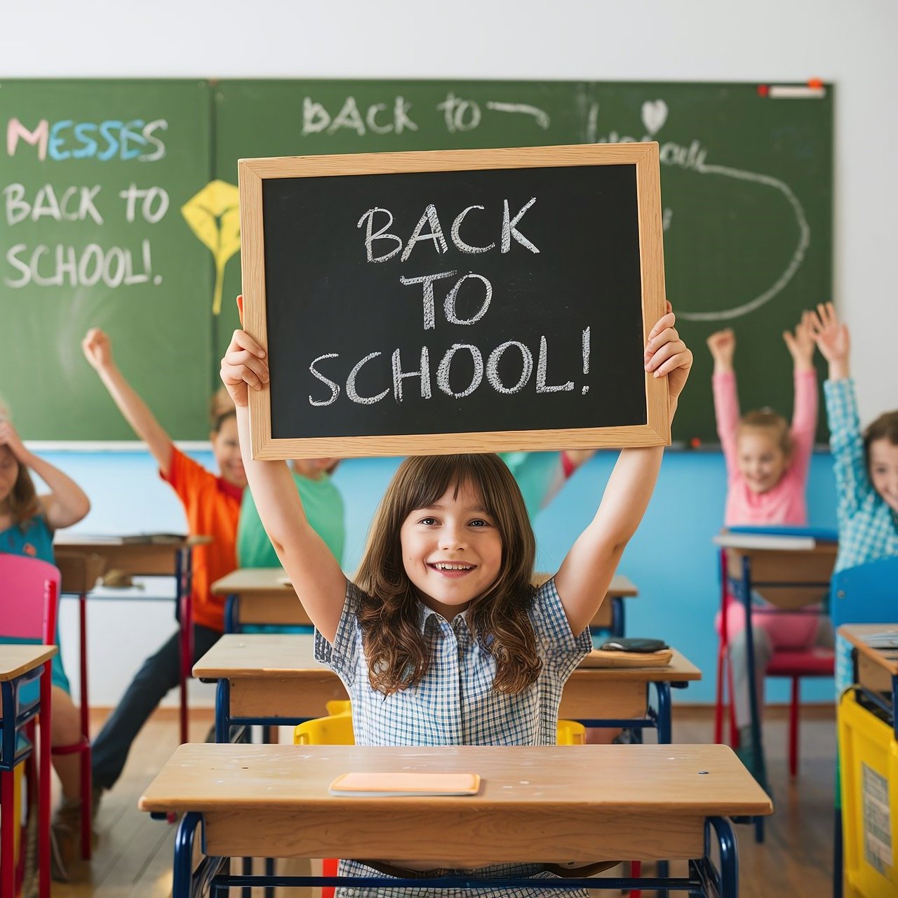 Na fotografiji je prikazana učionica s više podignutih ruku djece. U središtu je dijete koje drži crnu školsku ploču na kojoj bijelim kredom piše “BACK TO SCHOOL!”. Lica djece nisu vidljiva jer su zamagljena radi zaštite privatnosti. Ova fotografija simbolizira povratak učenika u školu, što može biti važan događaj za učenike i roditelje.