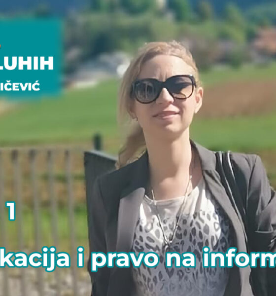 Slika prikazuje Ivu Baričević, nasmijanu ženu s naočalama za sunce, u vanjskom okruženju s prirodom u pozadini. Na slici je naslov emisije: "Svijet gluhih s Ivom Baričević", dok su ispod naslovi epizode: "Epizoda 1 - Komunikacija i pravo na informacije". Tekst u gornjem lijevom kutu također uključuje oznaku "inPortal VIDEO".