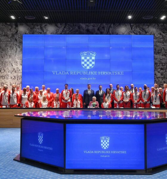 Na fotografiji je prikazano više ljudi u crveno bijelim trenirkama, a neki su i u sakoima. Većina ljudi stoji, a neki su i u kolicima. Neki imaju medalje oko vrata. Na zidu je plavi ekran na kojem piše 'Vlada Republike Hrvatske' i 'Vlada: gov.hr' Vjerojatno se radi o prijamu kod predsjednika ili premjera.