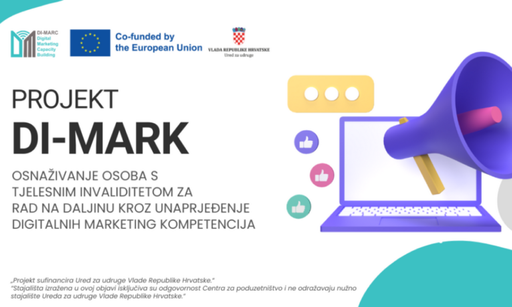 Slika prikazuje promotivni plakat za projekt pod nazivom "DI-MARK", koji je usmjeren na osnaživanje osoba s tjelesnim invaliditetom za rad na daljinu kroz unapređenje digitalnih marketing kompetencija. U gornjem dijelu slike nalaze se logotipi projekta i informacija da je projekt sufinanciran od strane Europske unije i Ureda za udruge Vlade Republike Hrvatske. Na desnoj strani slike prikazan je laptop s megafonom, dok se oko laptopa nalaze ikone s palčevima gore, što simbolizira društvene mreže i digitalni marketing.