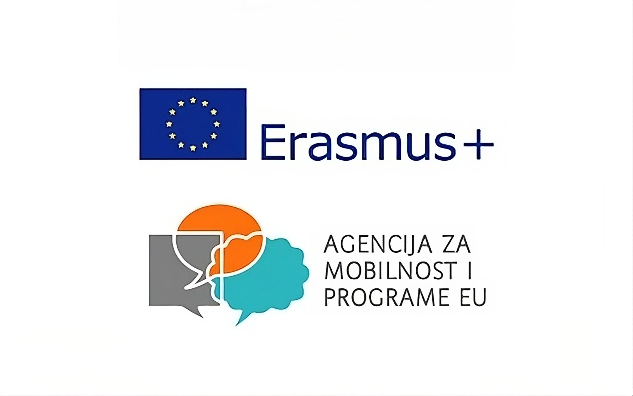 Ova slika prikazuje logotip programa Erasmus+ Europske unije. Gornji dio slike sadrži plavu zastavu EU s krugom od zvjezdica i natpis "Erasmus+". Ispod se nalazi logo Agencije za mobilnost i programe EU, koji sadrži oblačiće za razgovor u sivoj, narančastoj i plavoj boji, koji simboliziraju dijalog ili komunikaciju.