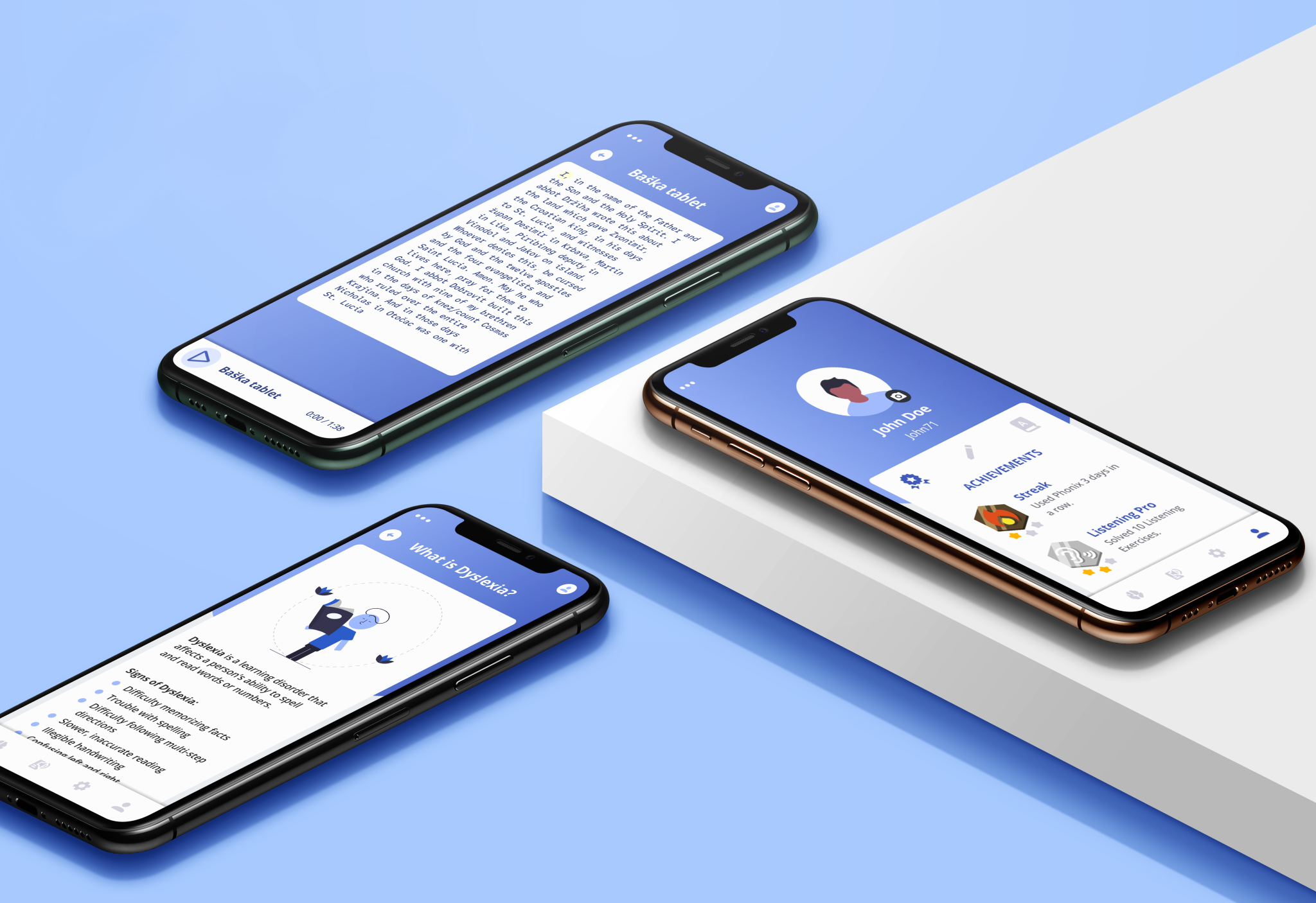 Slika prikazuje tri pametna telefona koja leže na svijetloplavoj podlozi. Na svakom ekranu prikazana je drugačija slika, uključujući profil korisnika, informacije o disleksiji te prikaz teksta za čitanje. Dizajn aplikacije je moderan, s jednostavnim, plavim i bijelim tonovima. Prikazi na ekranima sugeriraju da je aplikacija edukativna i usmjerena na pomoć korisnicima s disleksijom, s fokusom na čitanje i postizanje napretka.