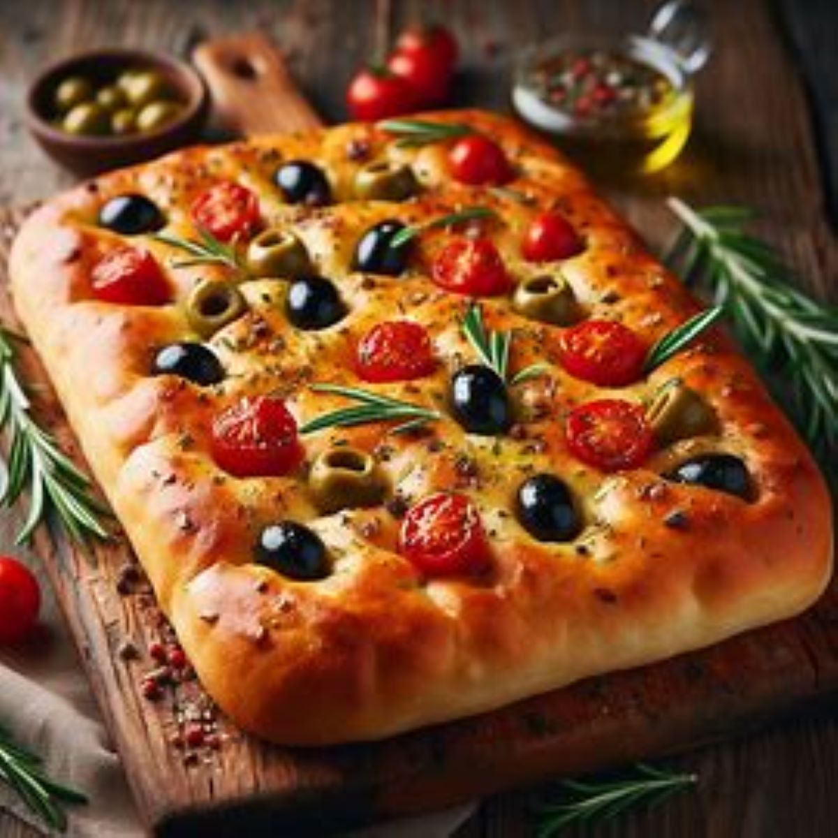 Na fotografiji je prikazana pečena focaccia, talijanski kruh sličan pizzi. Focaccia je ukrašena cijelim cherry rajčicama, crnim maslinama i grančicama ružmarina. Sve to je raspoređeno po površini kruha koji izgleda mekano i zlatno pečen. U pozadini se nalazi drvena daska za rezanje, posuda s maslinovim uljem, zdjelica s maslinama i posuda sa začinima. Ova fotografija bi mogla biti zanimljiva ili relevantna zbog prikaza atraktivnog i ukusnog izgleda focaccie koja može privući ljubitelje talijanske kuhinje ili one koji traže inspiraciju za kuhanje.